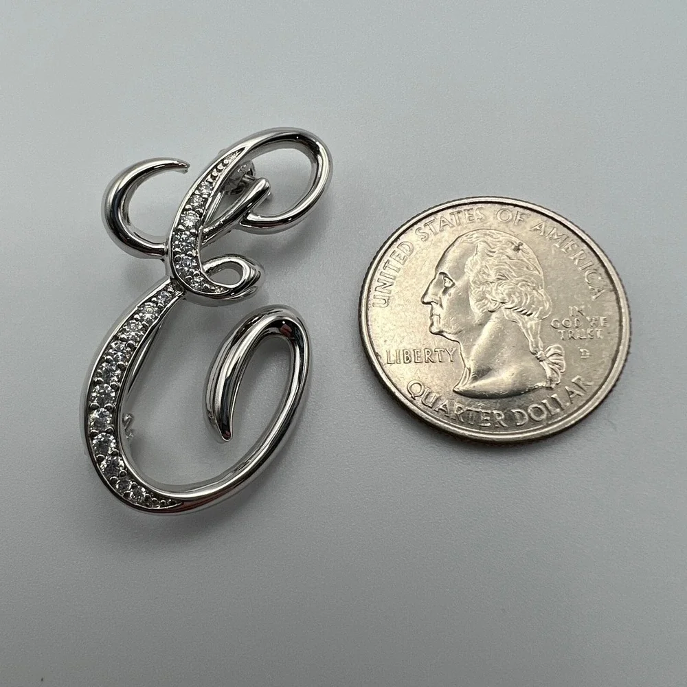 Berricle Initial E Brooch Silver Tone with CZ Accent Pin